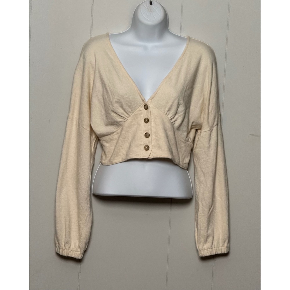 Madewell Women's Cream Cotton Gauze Cropped Cardigan V-Neck Top Size XS